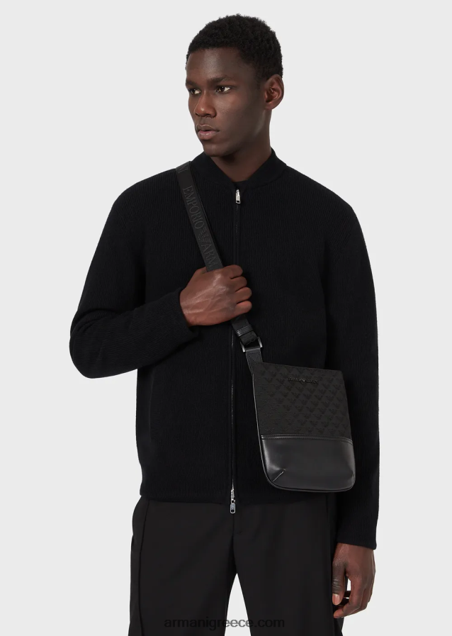 άνδρες Armani επίπεδη νάιλον τσάντα ώμου με αετό ζακάρ σε όλη την επιφάνεια 4046R61980 μαύρος