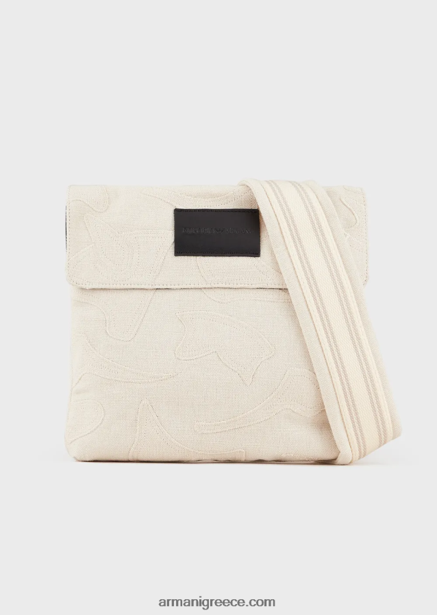 άνδρες Armani κεντημένη πάνινη επίπεδη τσάντα ώμου 4046R61981