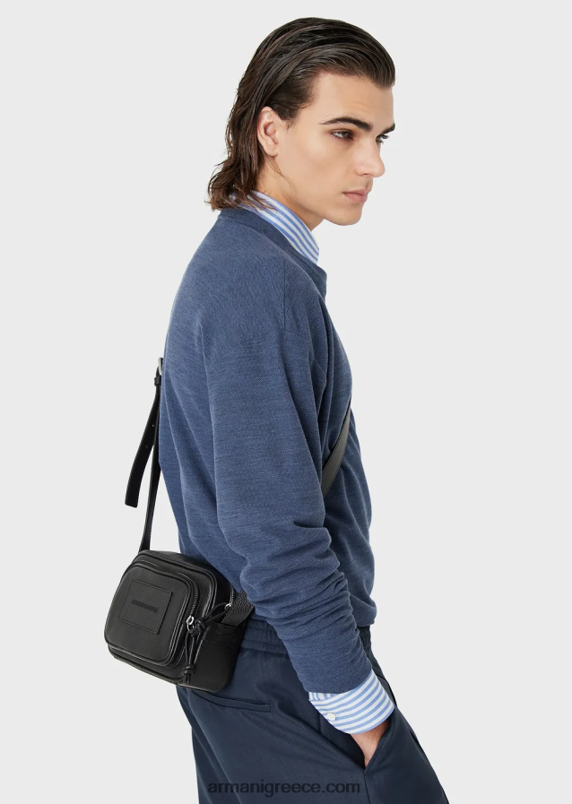 άνδρες Armani Δερμάτινη θήκη κάμερας με λουράκι ώμου 4046R61984 μαύρος