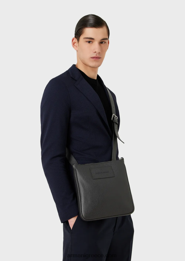 άνδρες Armani επίπεδη, τσαντάκι ώμου από δέρμα 4046R61986 σκούρο γκρίζο
