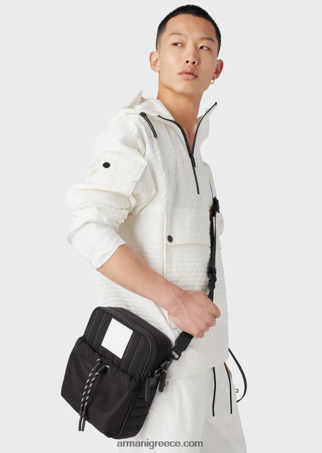 άνδρες Armani ανακυκλωμένη, καπιτονέ ripstop νάιλον τσάντα χιαστί 4046R61972 μαύρος