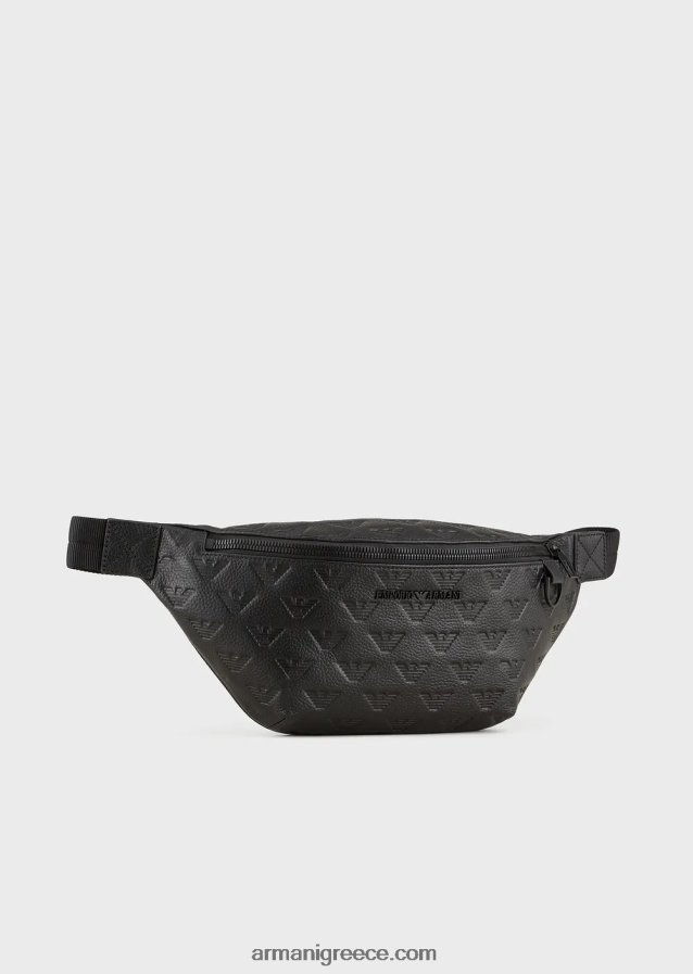 άνδρες Armani δερμάτινη τσάντα ζώνης με ανάγλυφο αετό 4046R61970 μαύρος
