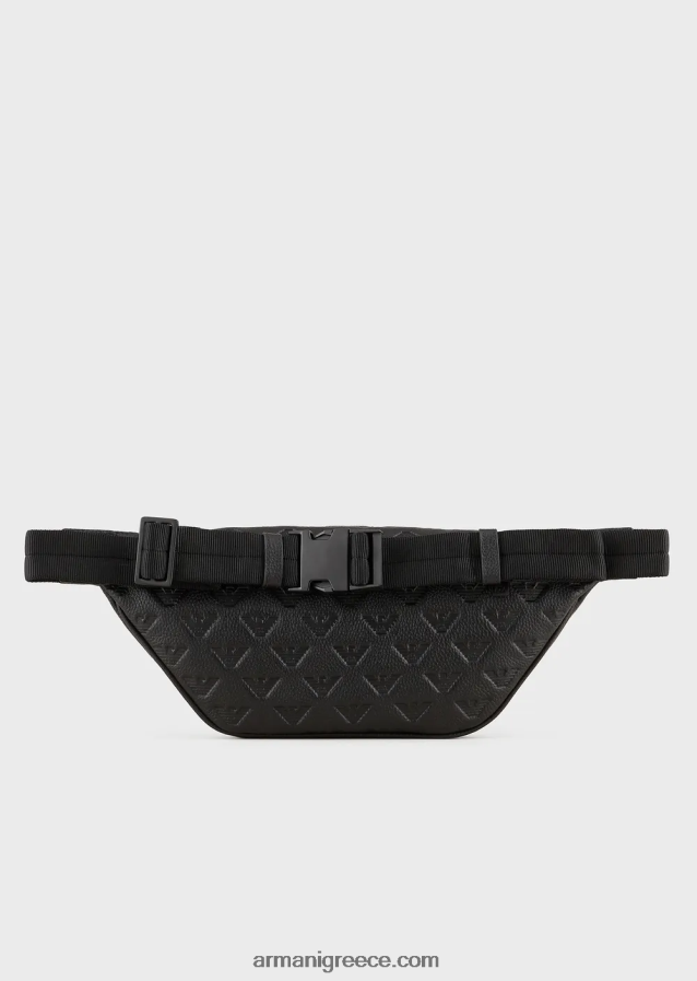 άνδρες Armani δερμάτινη τσάντα ζώνης με ανάγλυφο αετό 4046R61970 μαύρος