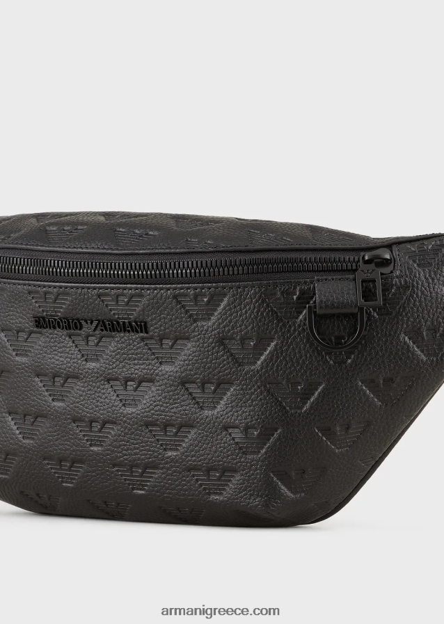 άνδρες Armani δερμάτινη τσάντα ζώνης με ανάγλυφο αετό 4046R61970 μαύρος