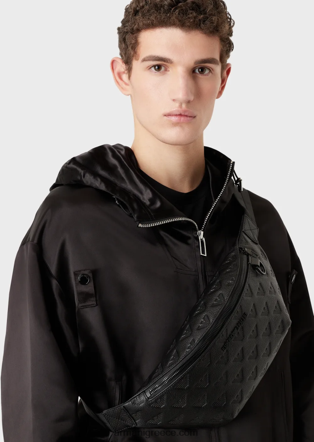 άνδρες Armani δερμάτινη τσάντα ζώνης με ανάγλυφο αετό 4046R61970 μαύρος