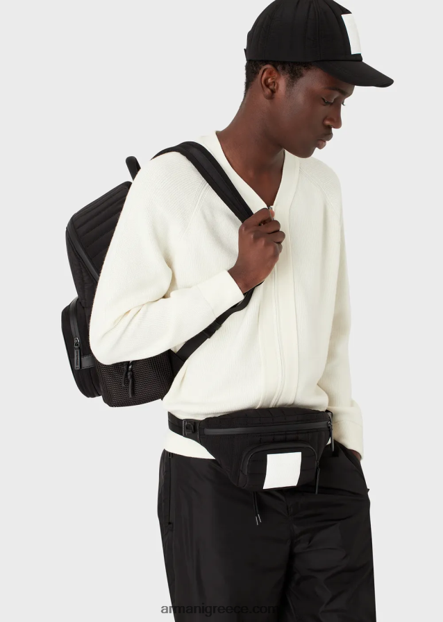 άνδρες Armani ανακυκλωμένη, καπιτονέ ripstop νάιλον τσάντα ζώνης 4046R61965 μαύρος