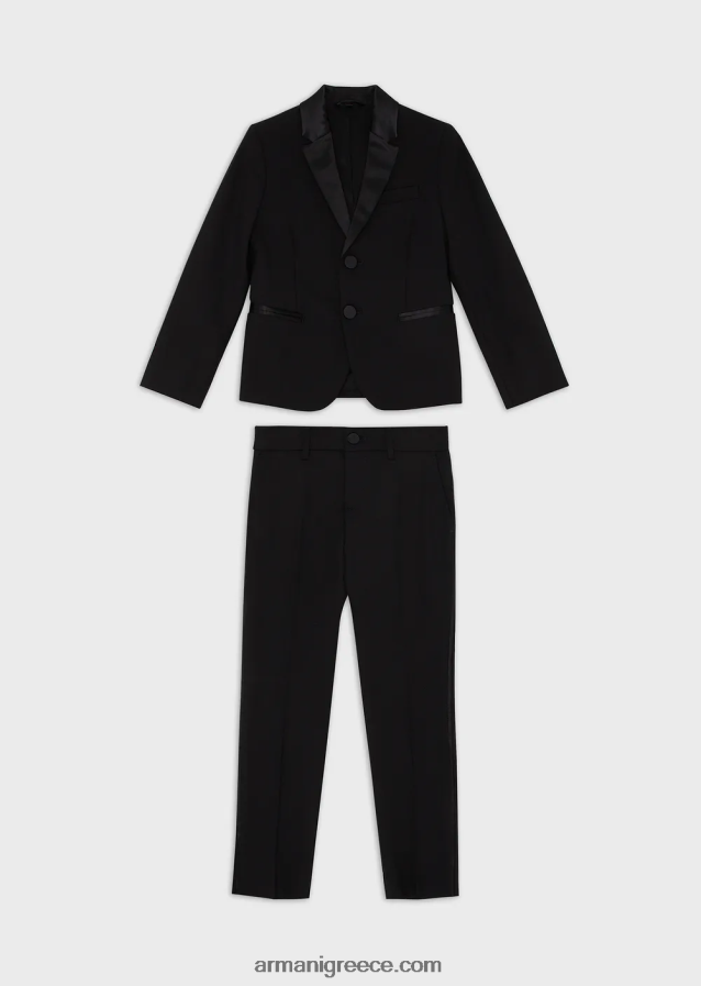 αγόρι Armani μονόστομο σμόκιν κοστούμι από ανοιχτό μάλλινο με σατέν λεπτομέρειες 4046R62395 μαύρος