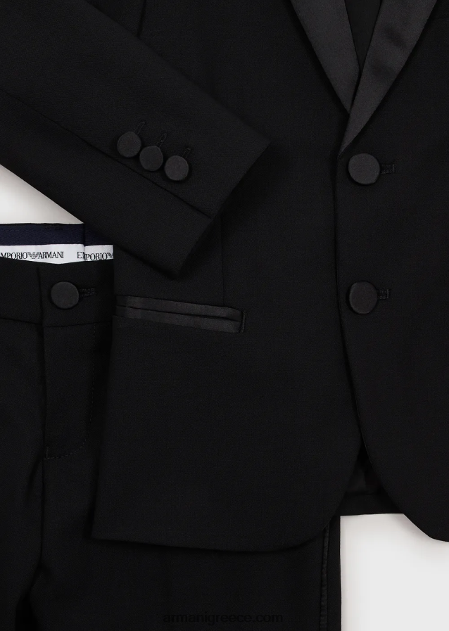 αγόρι Armani μονόστομο σμόκιν κοστούμι από ανοιχτό μάλλινο με σατέν λεπτομέρειες 4046R62395 μαύρος