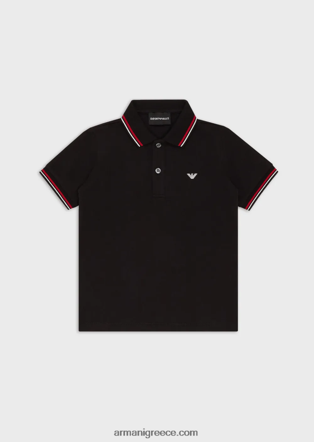 αγόρι Armani ελαστικό πικέ πόλο μπλουζάκι με ριγέ τελειώματα 4046R62405 μαύρος