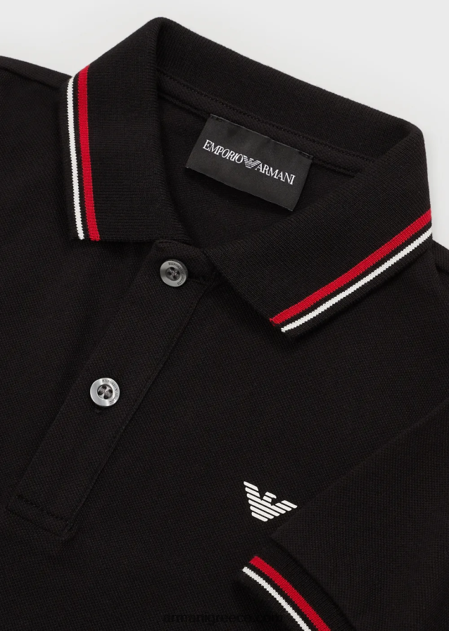 αγόρι Armani ελαστικό πικέ πόλο μπλουζάκι με ριγέ τελειώματα 4046R62405 μαύρος