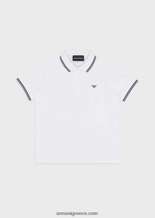 αγόρι Armani ελαστικό πικέ πόλο μπλουζάκι με ριγέ τελειώματα 4046R62406 άσπρο