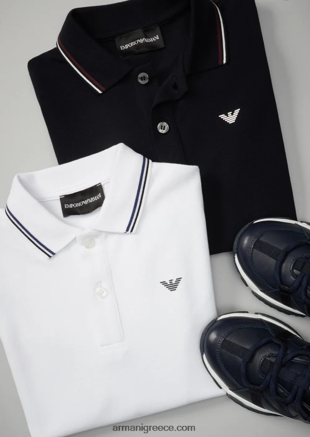 αγόρι Armani ελαστικό πικέ πόλο μπλουζάκι με ριγέ τελειώματα 4046R62407 ναυτικό μπλε