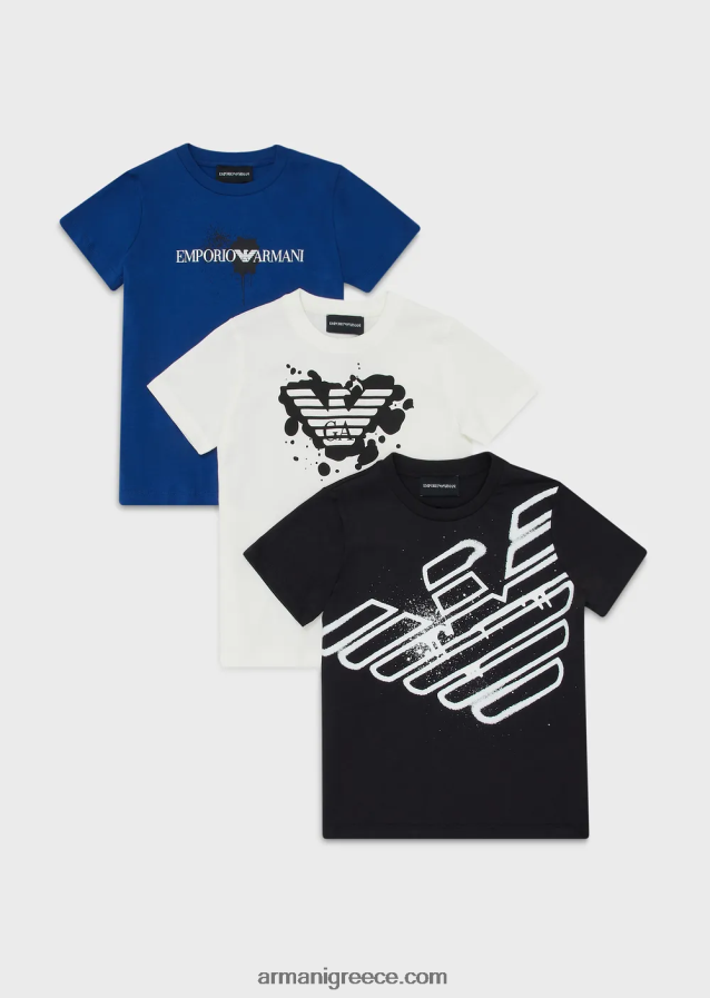 αγόρι Armani τριών πακέτα μπλουζάκια ζέρσεϊ με τύπωμα λογότυπου 4046R62462 μπλε