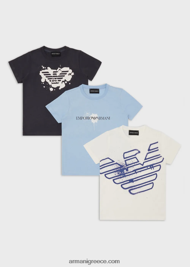 αγόρι Armani τριών πακέτα μπλουζάκια ζέρσεϊ με τύπωμα λογότυπου 4046R62463 γαλανός