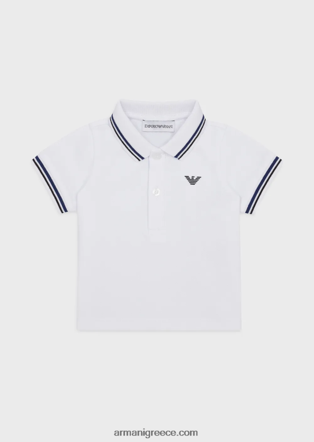 αγόρι Armani ελαστικό πικέ πόλο μπλουζάκι με ριγέ τελειώματα 4046R62679 άσπρο