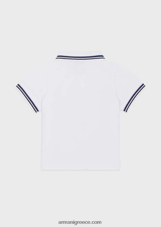 αγόρι Armani ελαστικό πικέ πόλο μπλουζάκι με ριγέ τελειώματα 4046R62679 άσπρο