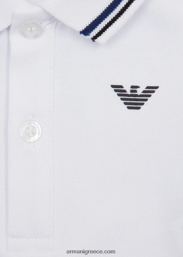 αγόρι Armani ελαστικό πικέ πόλο μπλουζάκι με ριγέ τελειώματα 4046R62679 άσπρο