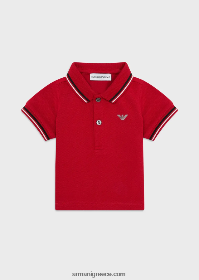αγόρι Armani ελαστικό πικέ πόλο μπλουζάκι με ριγέ τελειώματα 4046R62680 το κόκκινο