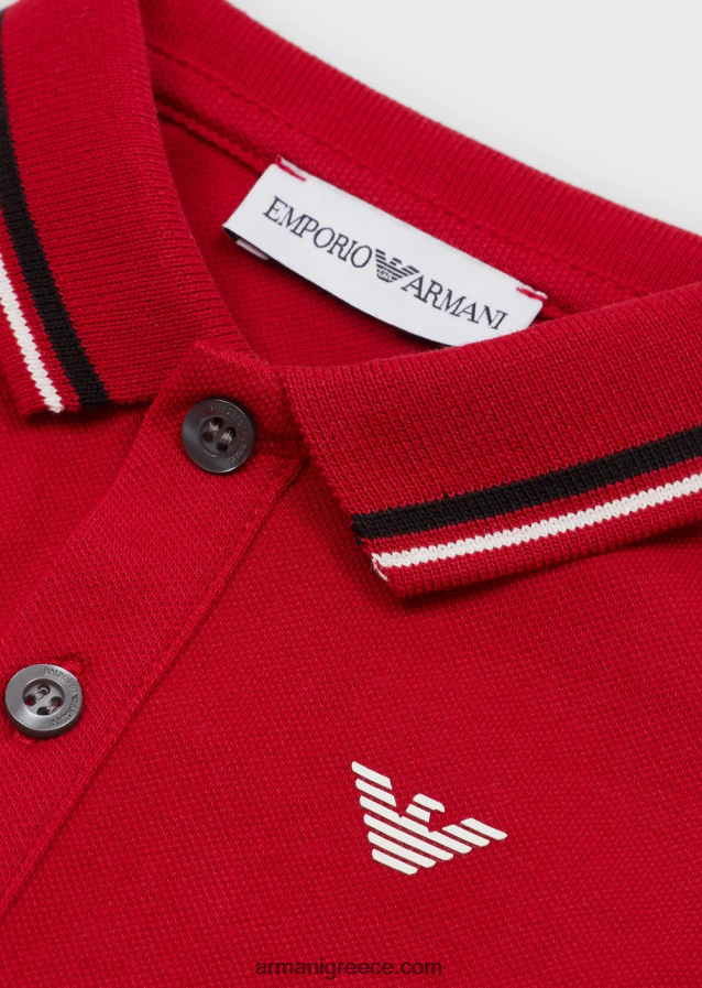 αγόρι Armani ελαστικό πικέ πόλο μπλουζάκι με ριγέ τελειώματα 4046R62680 το κόκκινο