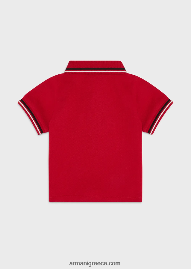 αγόρι Armani ελαστικό πικέ πόλο μπλουζάκι με ριγέ τελειώματα 4046R62680 το κόκκινο