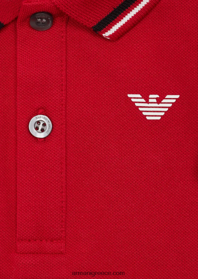 αγόρι Armani ελαστικό πικέ πόλο μπλουζάκι με ριγέ τελειώματα 4046R62680 το κόκκινο