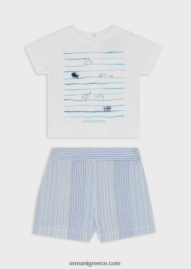 αγόρι Armani δώρο σετ μπλουζάκι και σορτς σε ριγέ στάμπα δίπλα στη θάλασσα 4046R62698 γαλανός