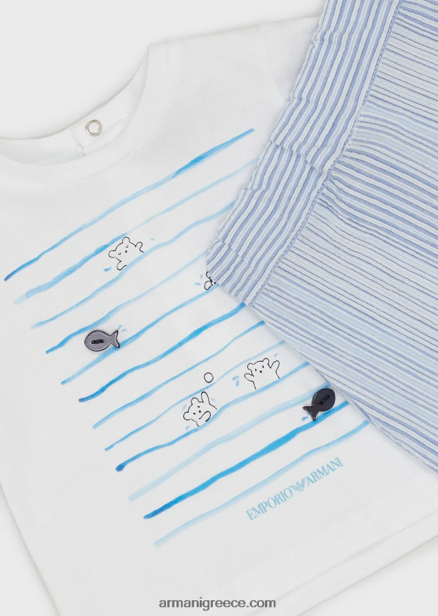 αγόρι Armani δώρο σετ μπλουζάκι και σορτς σε ριγέ στάμπα δίπλα στη θάλασσα 4046R62698 γαλανός