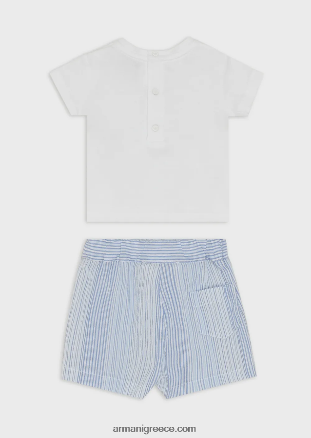 αγόρι Armani δώρο σετ μπλουζάκι και σορτς σε ριγέ στάμπα δίπλα στη θάλασσα 4046R62698 γαλανός