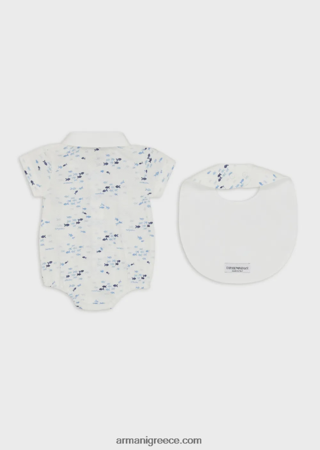 αγόρι Armani σετ δώρου ρόμπα και σαλιάρα σε στάμπα ψαράκι 4046R62700 πρότυπο
