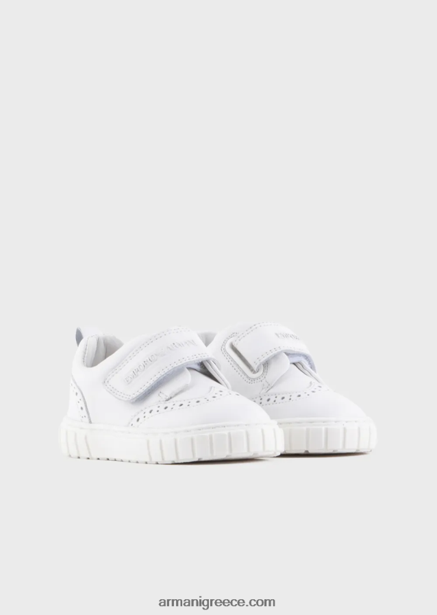 αγόρι Armani sneakers από μαλακό δέρμα με λεπτομέρεια στο φτερό και velcro 4046R62683 άσπρο