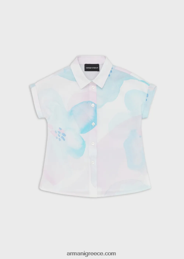 κορίτσι Armani κοντομάνικο πουκάμισο ποπλίνα με ακουαρέλα λουλουδάτο στάμπα 4046R62540