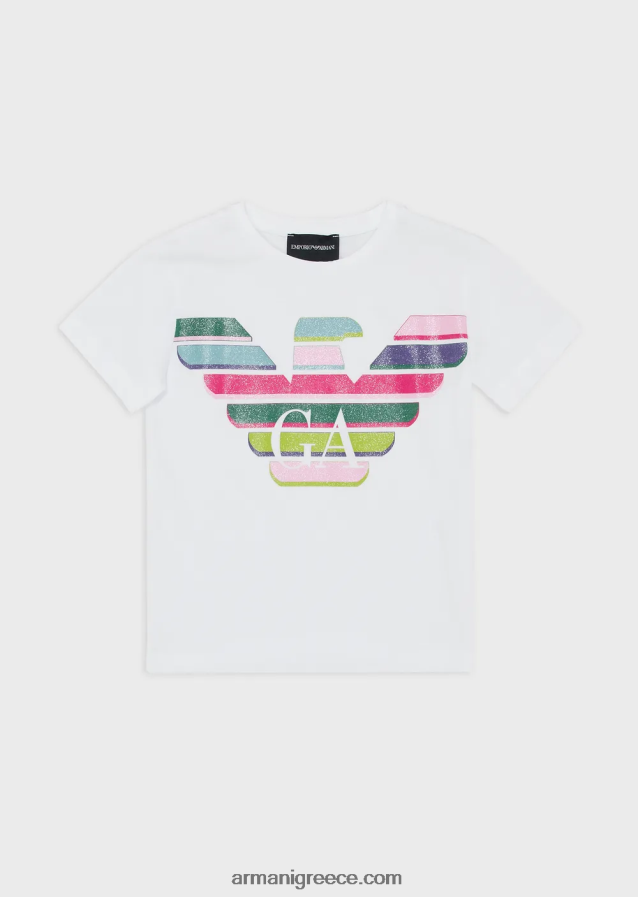 κορίτσι Armani μπλουζάκι ζέρσεϊ με τύπωμα λογότυπου γκλίτερ 4046R62556 λευκό λογότυπο