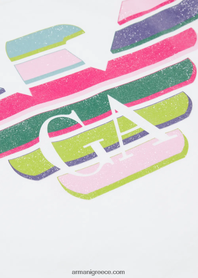 κορίτσι Armani μπλουζάκι ζέρσεϊ με τύπωμα λογότυπου γκλίτερ 4046R62556 λευκό λογότυπο