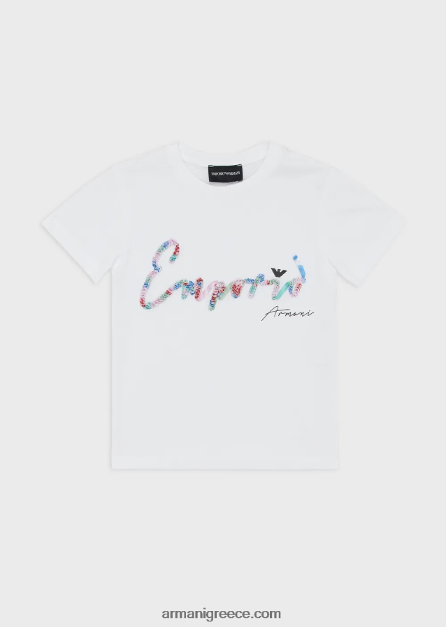 κορίτσι Armani βιολογικό μπλουζάκι ζέρσεϊ με λογότυπο με παγιέτες 4046R62563 άσπρο