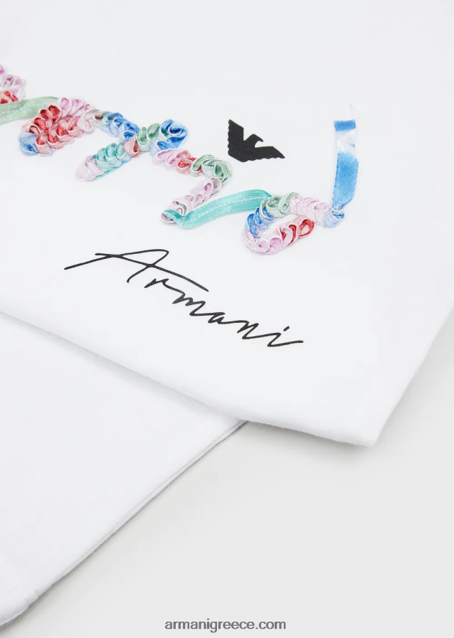 κορίτσι Armani βιολογικό μπλουζάκι ζέρσεϊ με λογότυπο με παγιέτες 4046R62563 άσπρο